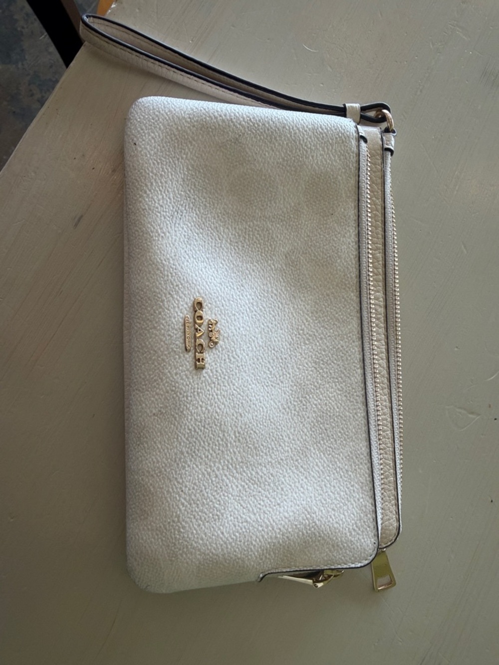 Coach White Pebbled Leather Wristlet with Gold Hardware